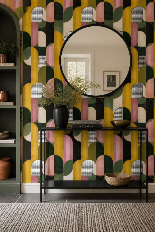 Geometrik Kemerlİ Duvar Kağıdı Hardal Yeşil Modern Salon