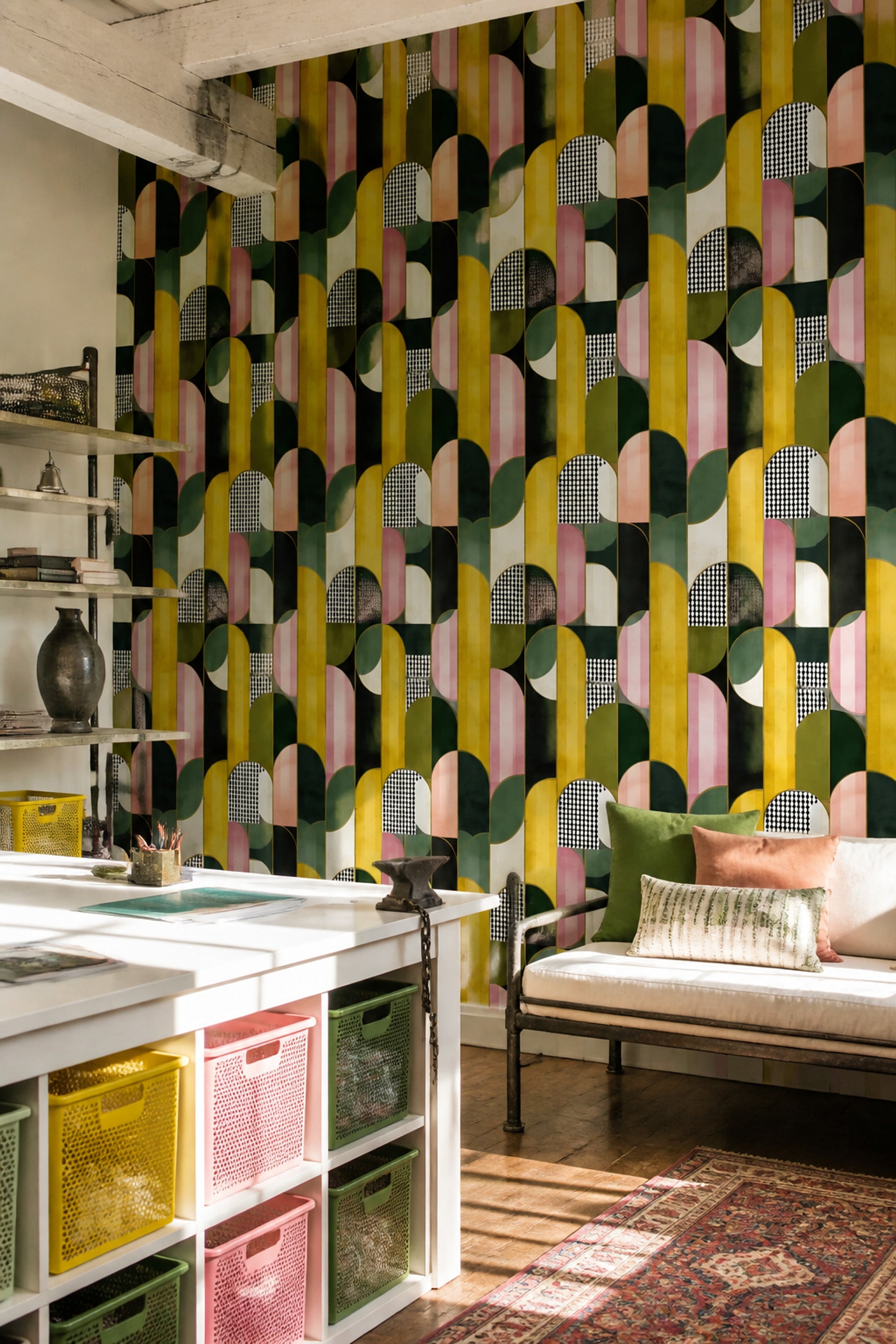 Geometrik Kemerlİ Duvar Kağıdı Hardal Yeşil Modern Salon