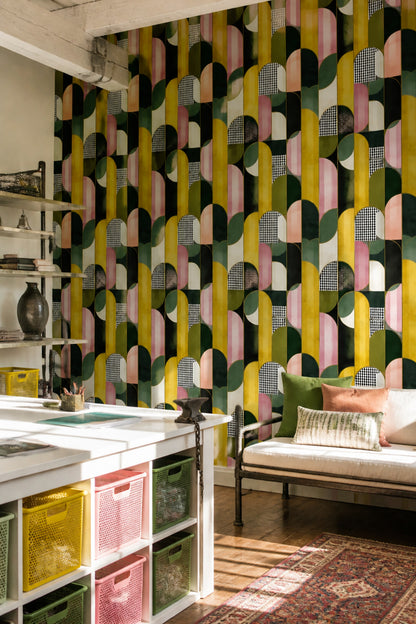 Geometrik Kemerlİ Duvar Kağıdı Hardal Yeşil Modern Salon