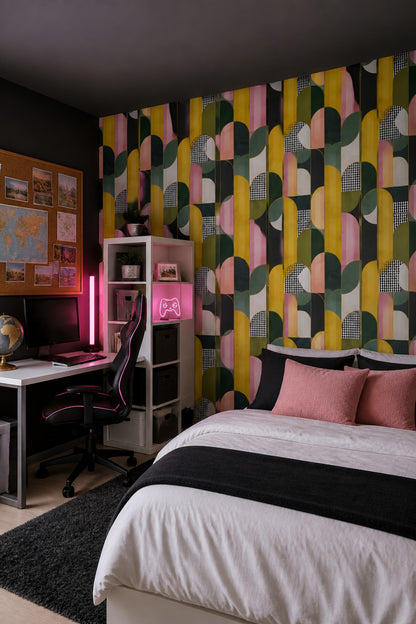Geometrik Kemerlİ Duvar Kağıdı Hardal Yeşil Modern Salon