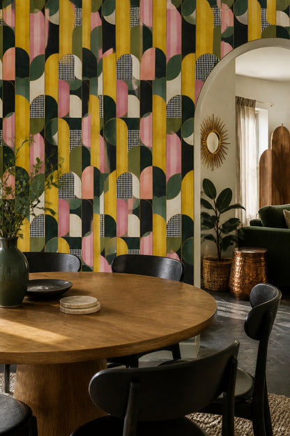 Geometrik Kemerlİ Duvar Kağıdı Hardal Yeşil Modern Salon