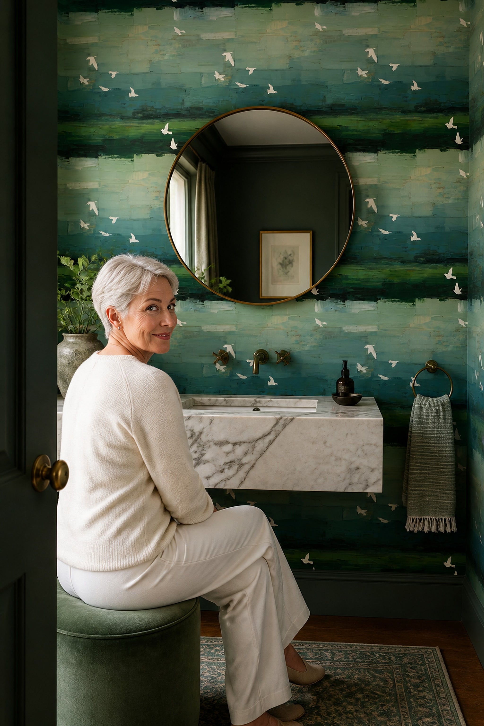 Uçan Kuş Desenli Duvar Kağıdı Yeşil Modern Salon