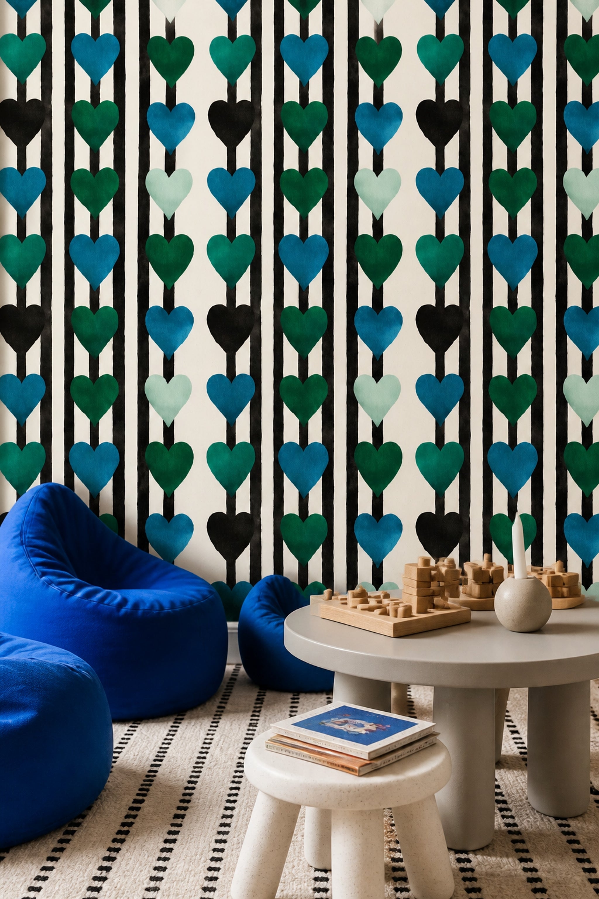 Çizgili Kalp Desenli Duvar Kağıdı Mavi Yeşil Modern