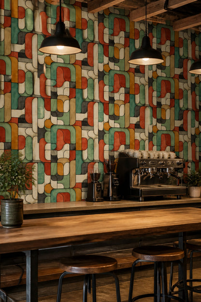 Retro Geometrik Duvar Kağıdı Yeşil Turuncu Desenli Salon