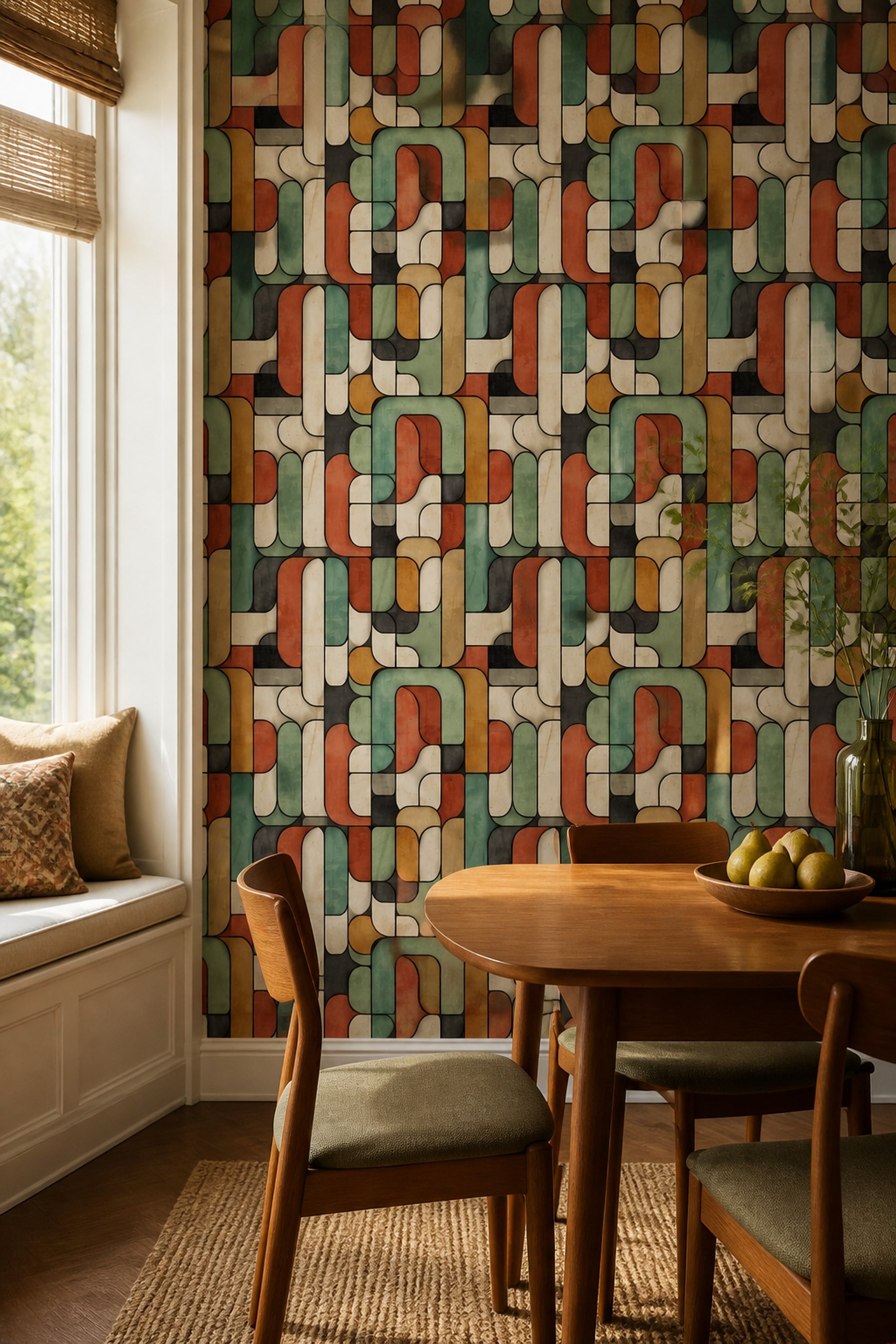 Retro Geometrik Duvar Kağıdı Yeşil Turuncu Desenli Salon