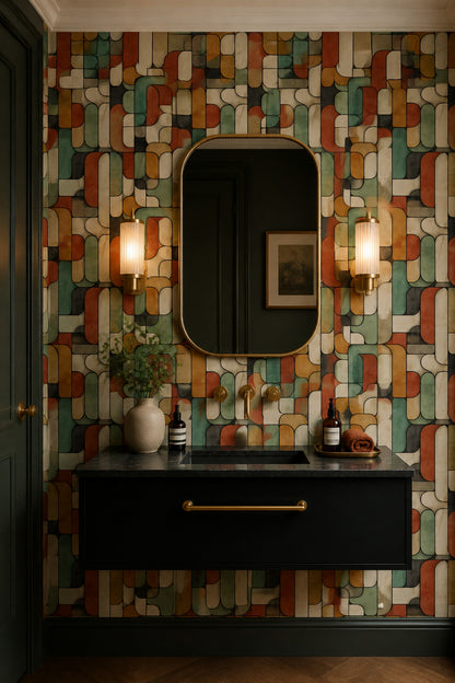 Retro Geometrik Duvar Kağıdı Yeşil Turuncu Desenli Salon