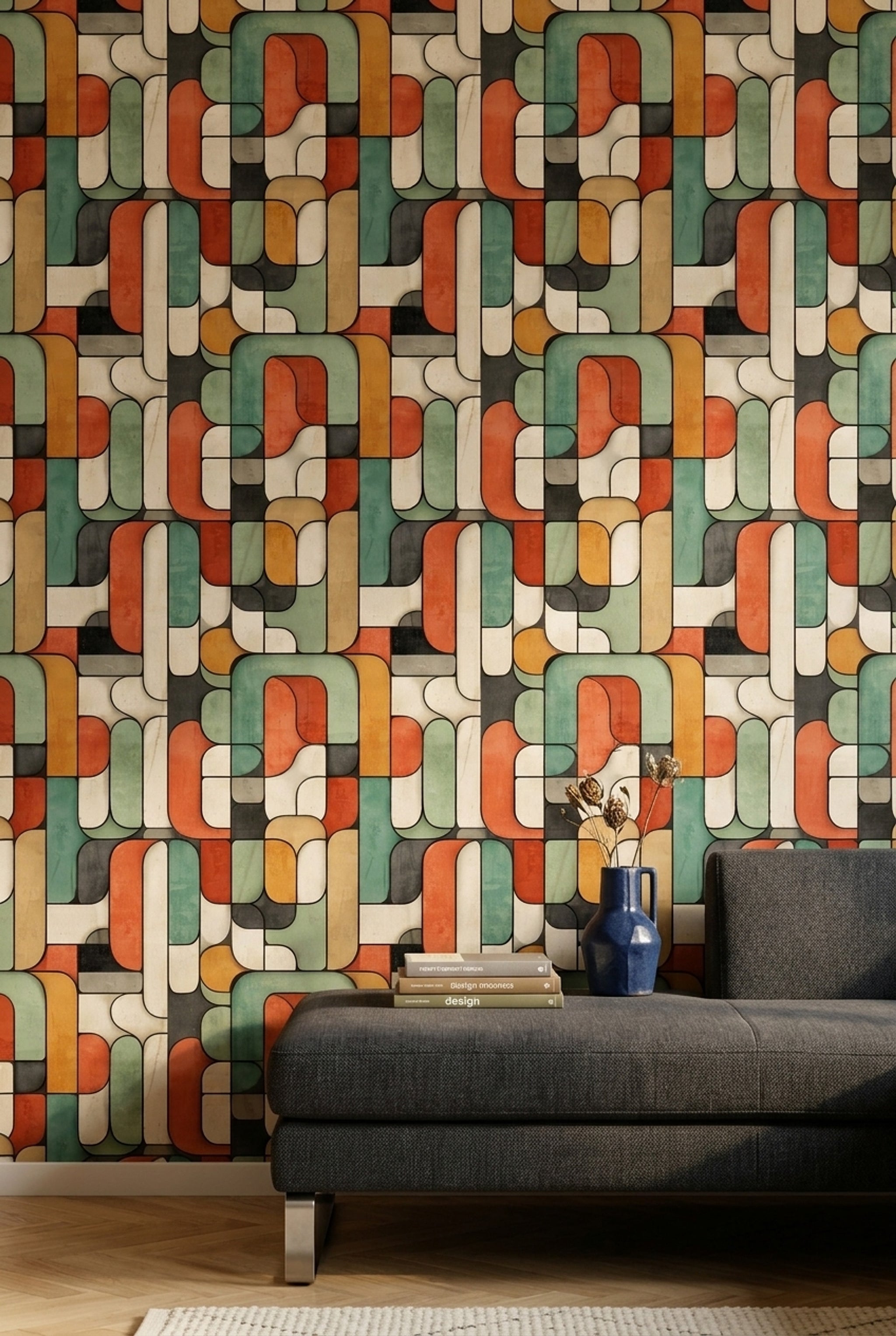 Retro Geometrik Duvar Kağıdı Yeşil Turuncu Desenli Salon