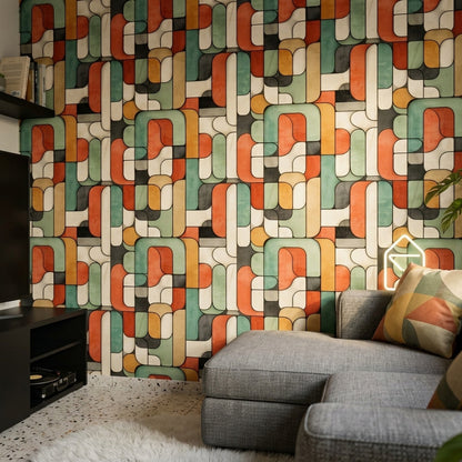 Retro Geometrik Duvar Kağıdı Yeşil Turuncu Desenli Salon