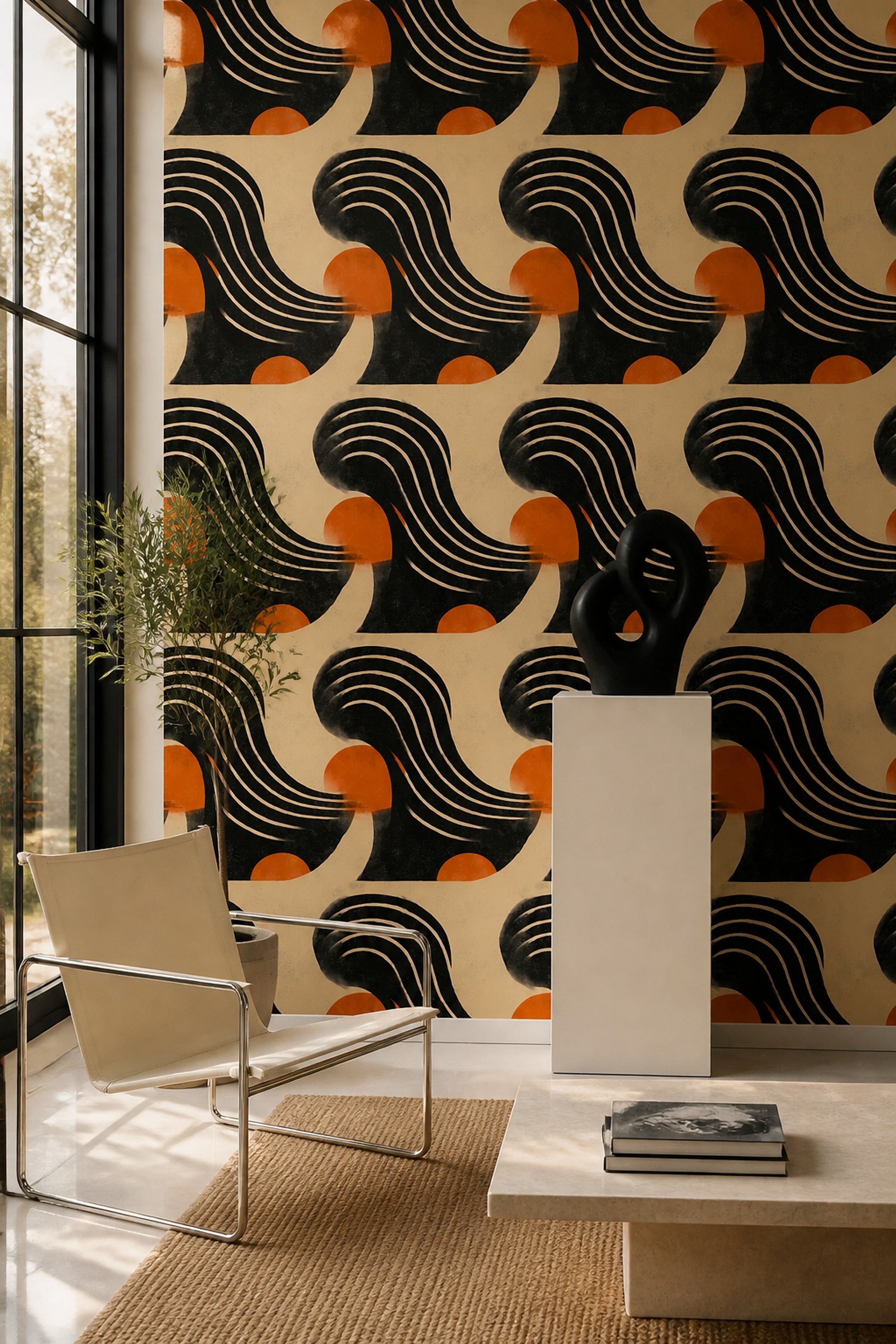 Retro Güneş Desenli Duvar Kağıdı Turuncu Siyah Salon