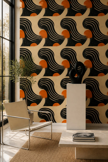 Retro Güneş Desenli Duvar Kağıdı Turuncu Siyah Salon