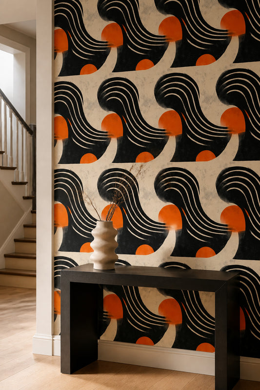 Retro Güneş Desenli Duvar Kağıdı Turuncu Siyah Salon