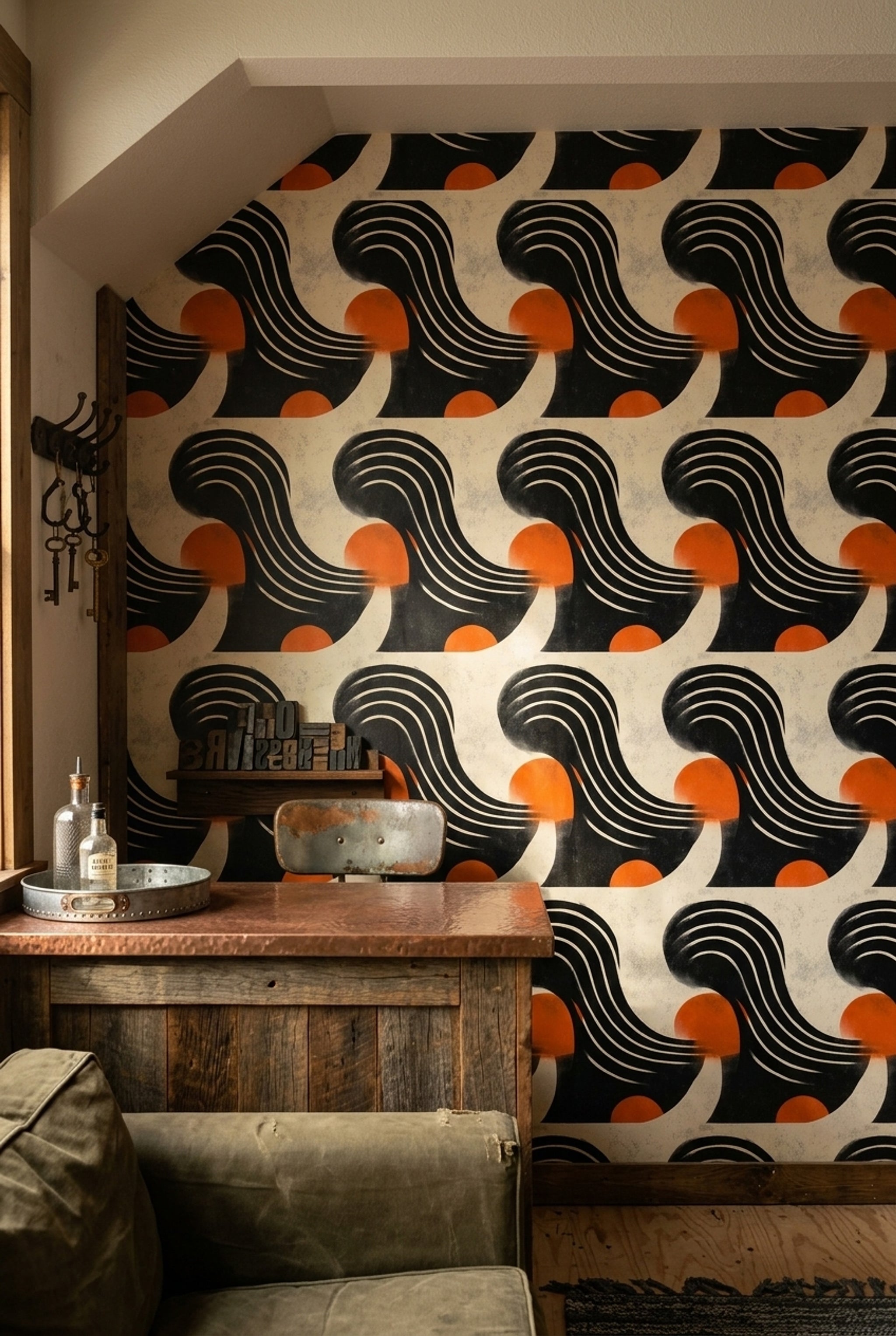 Retro Güneş Desenli Duvar Kağıdı Turuncu Siyah Salon
