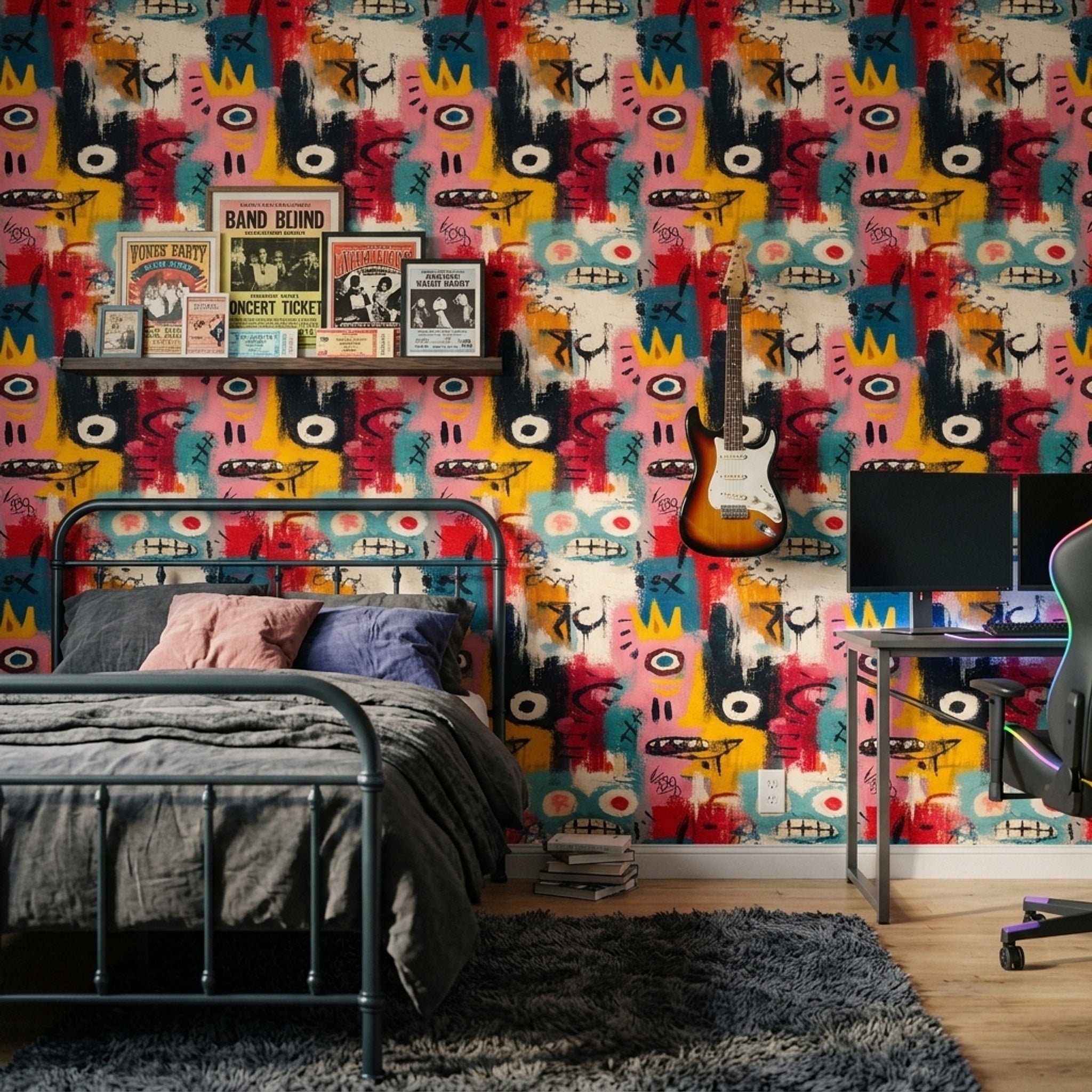 Renkli Grafiti Desenli Duvar Kağıdı Modern Salon Dekoru