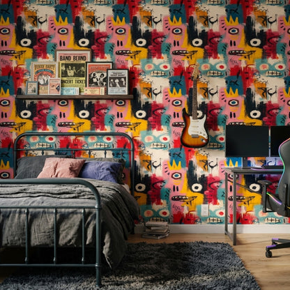 Renkli Grafiti Desenli Duvar Kağıdı Modern Salon Dekoru