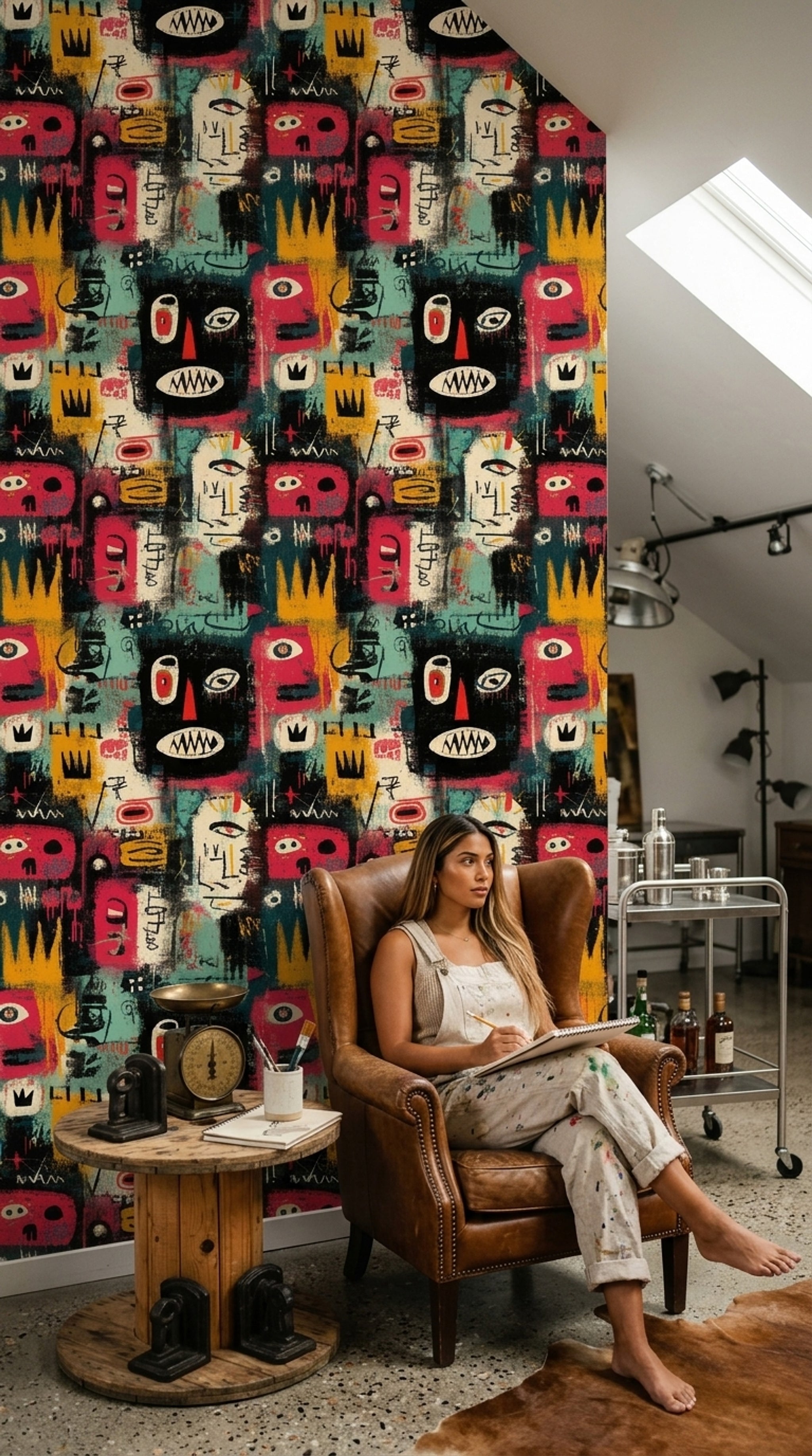 Grafiti Yüz Figürlü Duvar Kağıdı Renkli Modern Salon