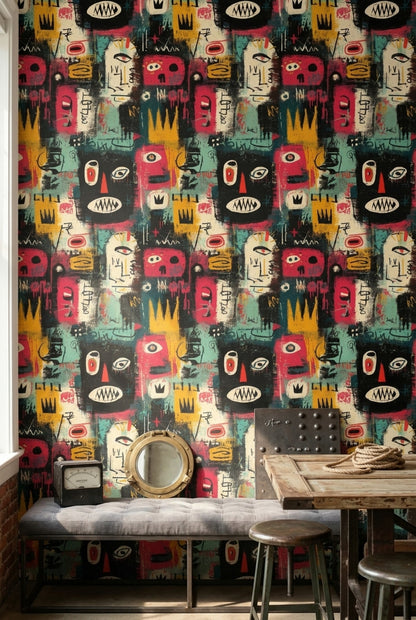 Grafiti Yüz Figürlü Duvar Kağıdı Renkli Modern Salon