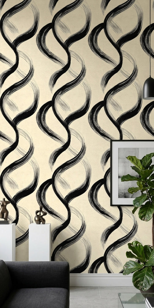 Soyut Dalgalı Çizgili Duvar Kağıdı Siyah Krem Salon