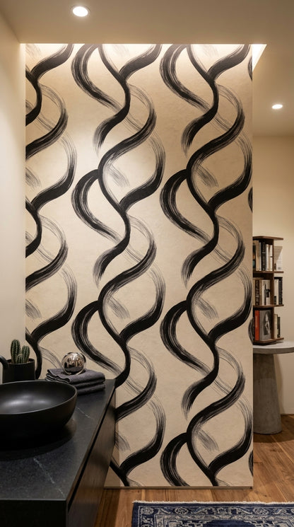 Soyut Dalgalı Çizgili Duvar Kağıdı Siyah Krem Salon