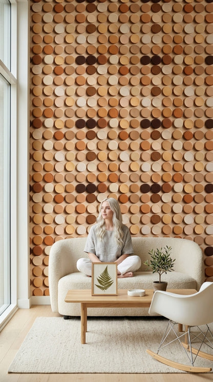 Dairesel Geometrik Duvar Kağıdı Bej Kahverengi Modern Salon