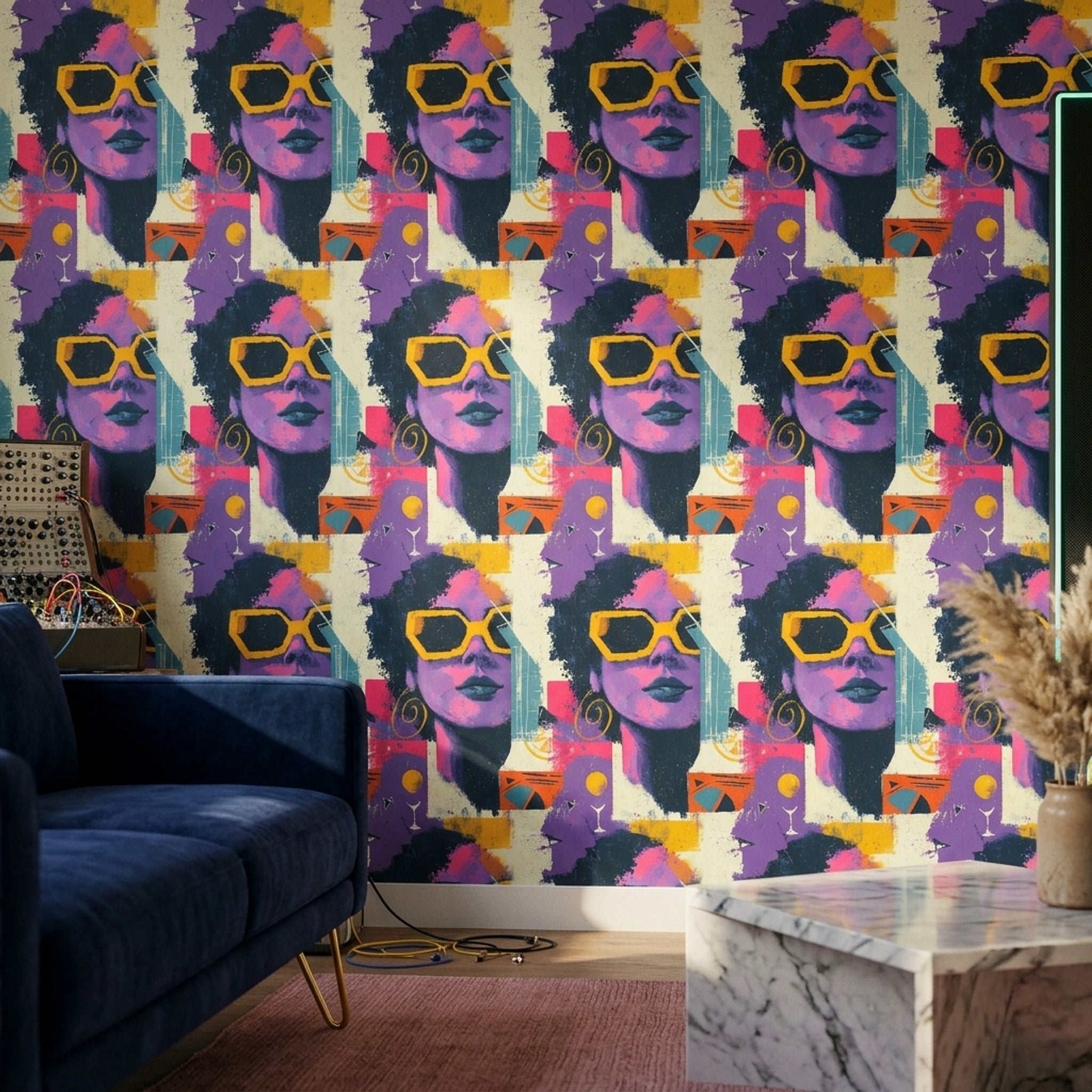 Pop Art Kadın Figürlü Duvar Kağıdı Mor Sarı Desenli