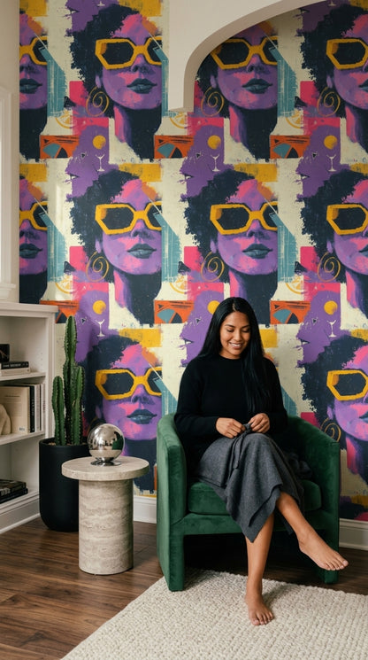 Pop Art Kadın Figürlü Duvar Kağıdı Mor Sarı Desenli