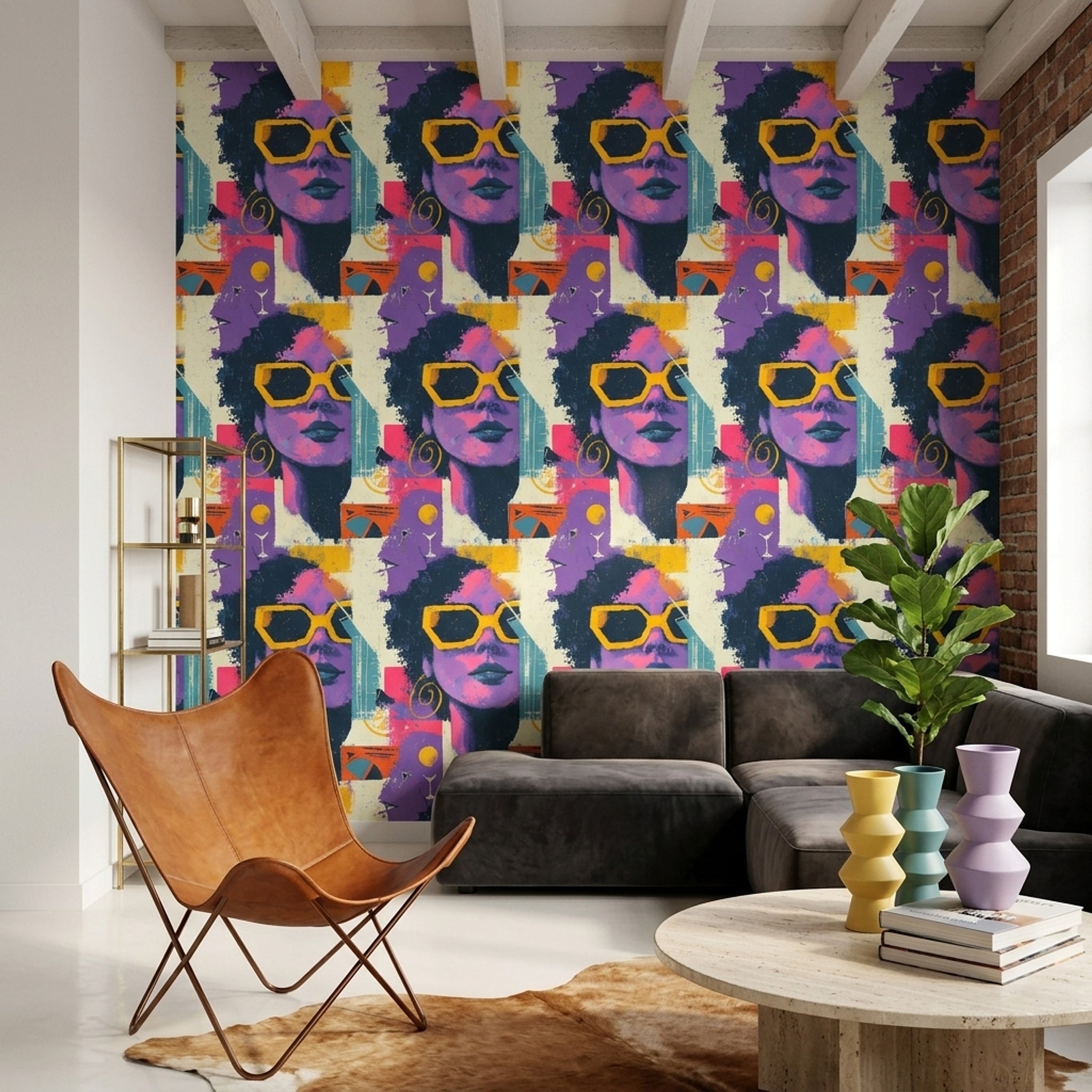 Pop Art Kadın Figürlü Duvar Kağıdı Mor Sarı Desenli