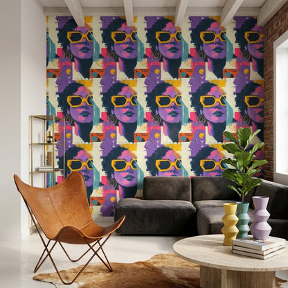Pop Art Kadın Figürlü Duvar Kağıdı Mor Sarı Desenli
