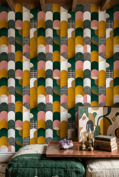 Geometrik Kemerlİ Duvar Kağıdı Yeşil Hardal Retro Salon