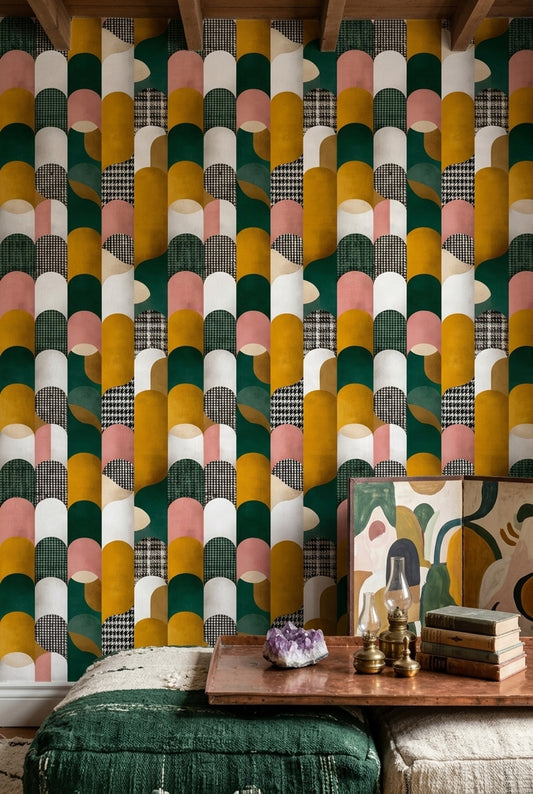 Geometrik Kemerlİ Duvar Kağıdı Yeşil Hardal Retro Salon