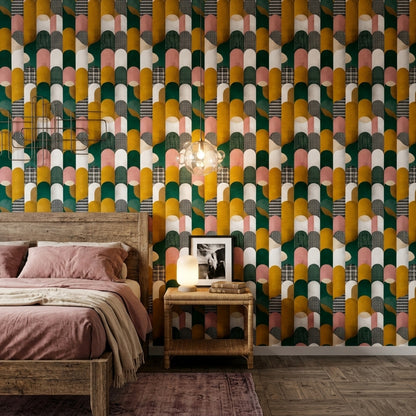 Geometrik Kemerlİ Duvar Kağıdı Yeşil Hardal Retro Salon