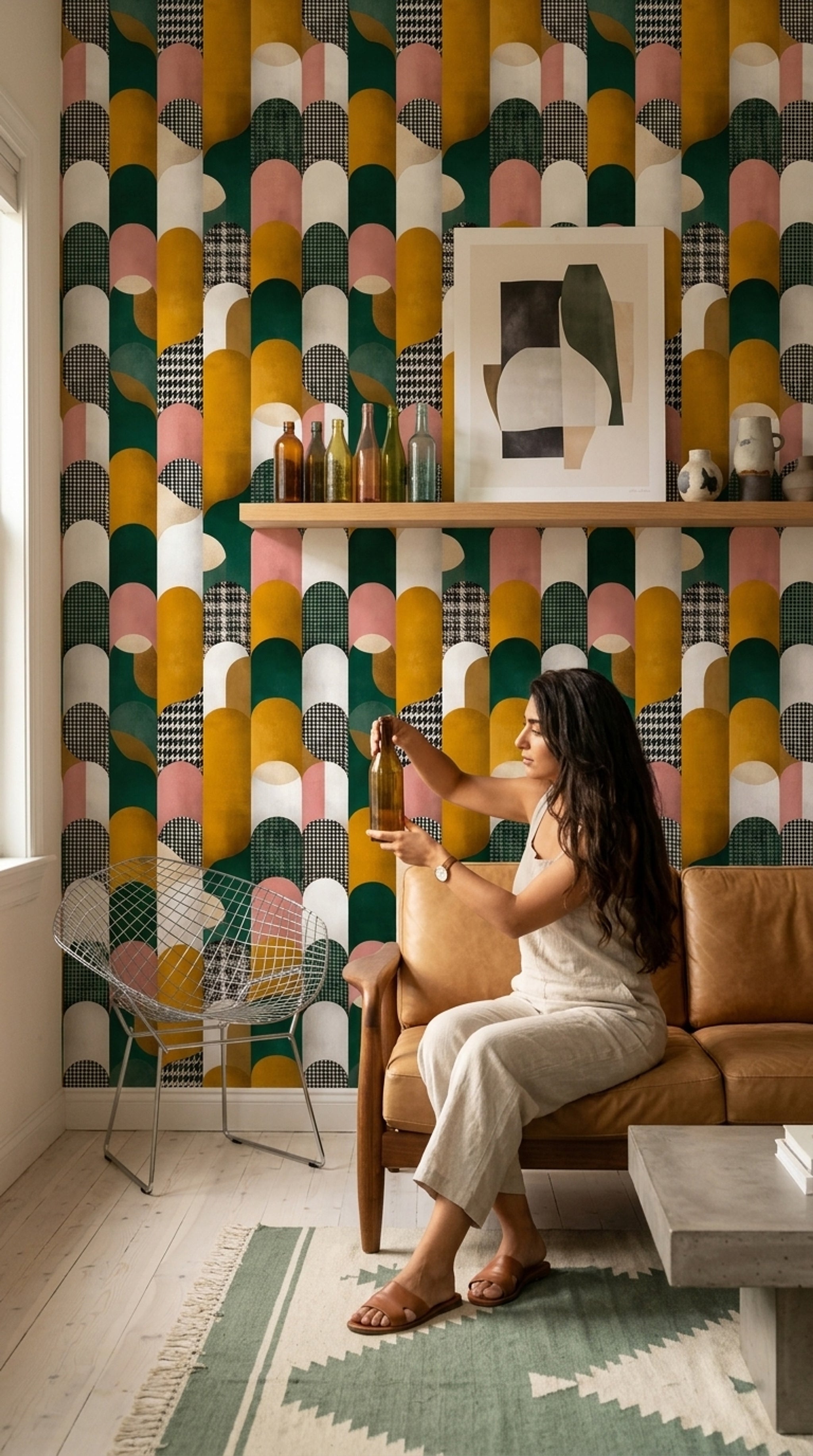 Geometrik Kemerlİ Duvar Kağıdı Yeşil Hardal Retro Salon