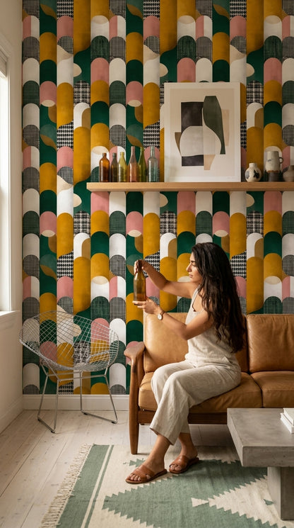 Geometrik Kemerlİ Duvar Kağıdı Yeşil Hardal Retro Salon