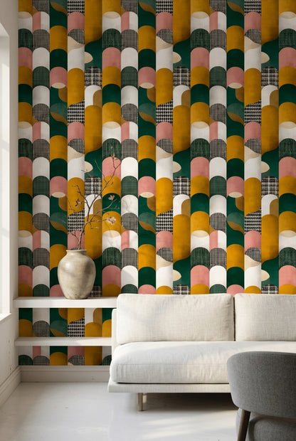 Geometrik Kemerlİ Duvar Kağıdı Yeşil Hardal Retro Salon