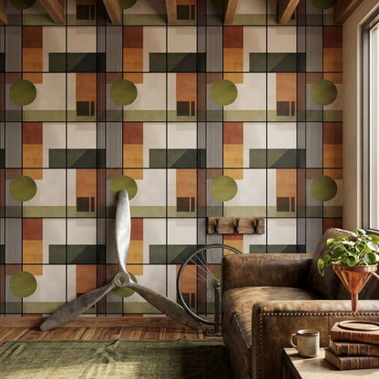 Geometrik Çizgili Duvar Kağıdı Zeytin Yeşili Modern Salon