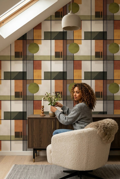 Geometrik Çizgili Duvar Kağıdı Zeytin Yeşili Modern Salon
