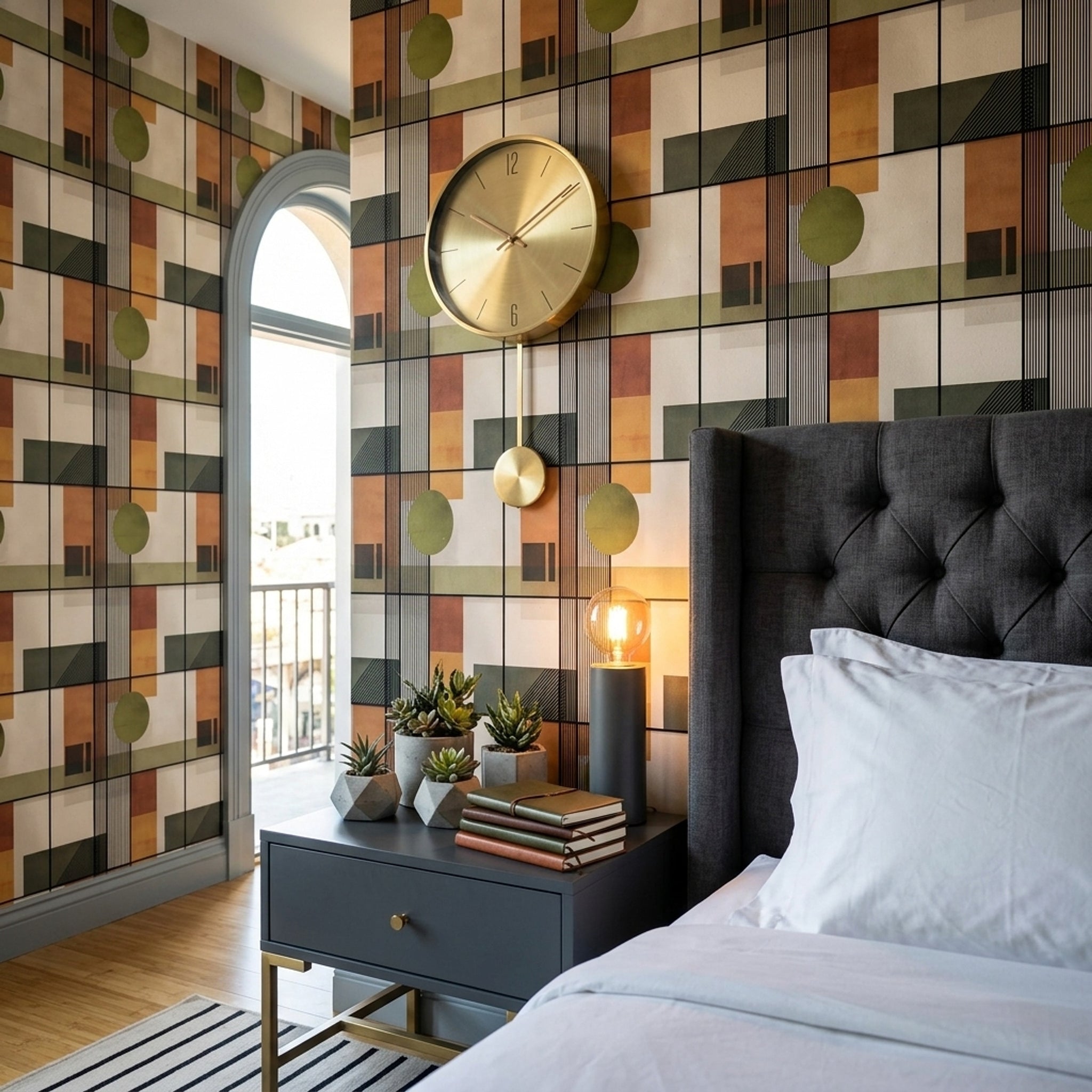 Geometrik Çizgili Duvar Kağıdı Zeytin Yeşili Modern Salon