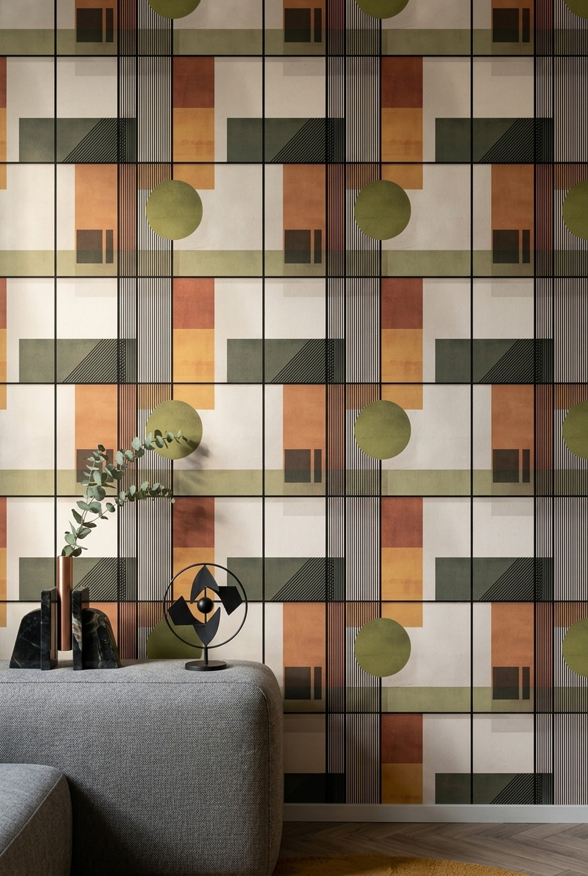 Geometrik Çizgili Duvar Kağıdı Zeytin Yeşili Modern Salon
