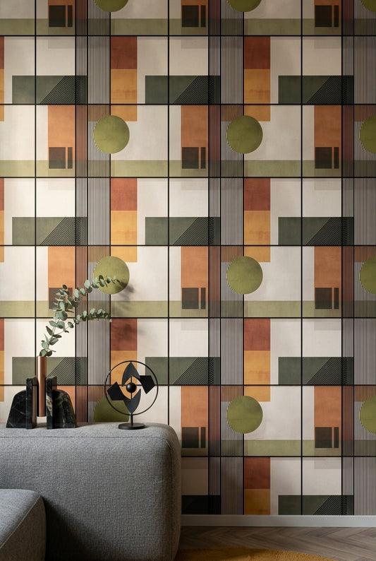 Geometrik Çizgili Duvar Kağıdı Zeytin Yeşili Modern Salon