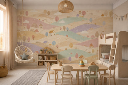 Pastel Köy Manzaralı Poster Duvar Kağıdı Bebek Odası Duvar Dekoru