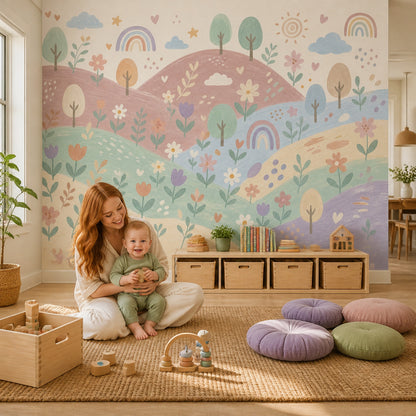 Pastel Gökkuşağı Çiçekli Poster Duvar Kağıdı Bebek Odası