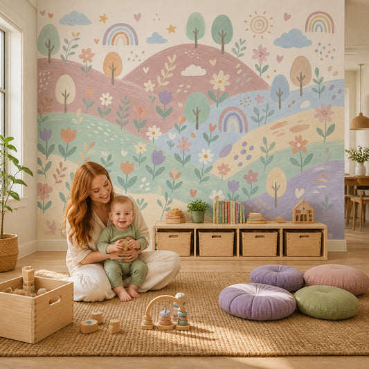 Pastel Gökkuşağı Çiçekli Poster Duvar Kağıdı Bebek Odası