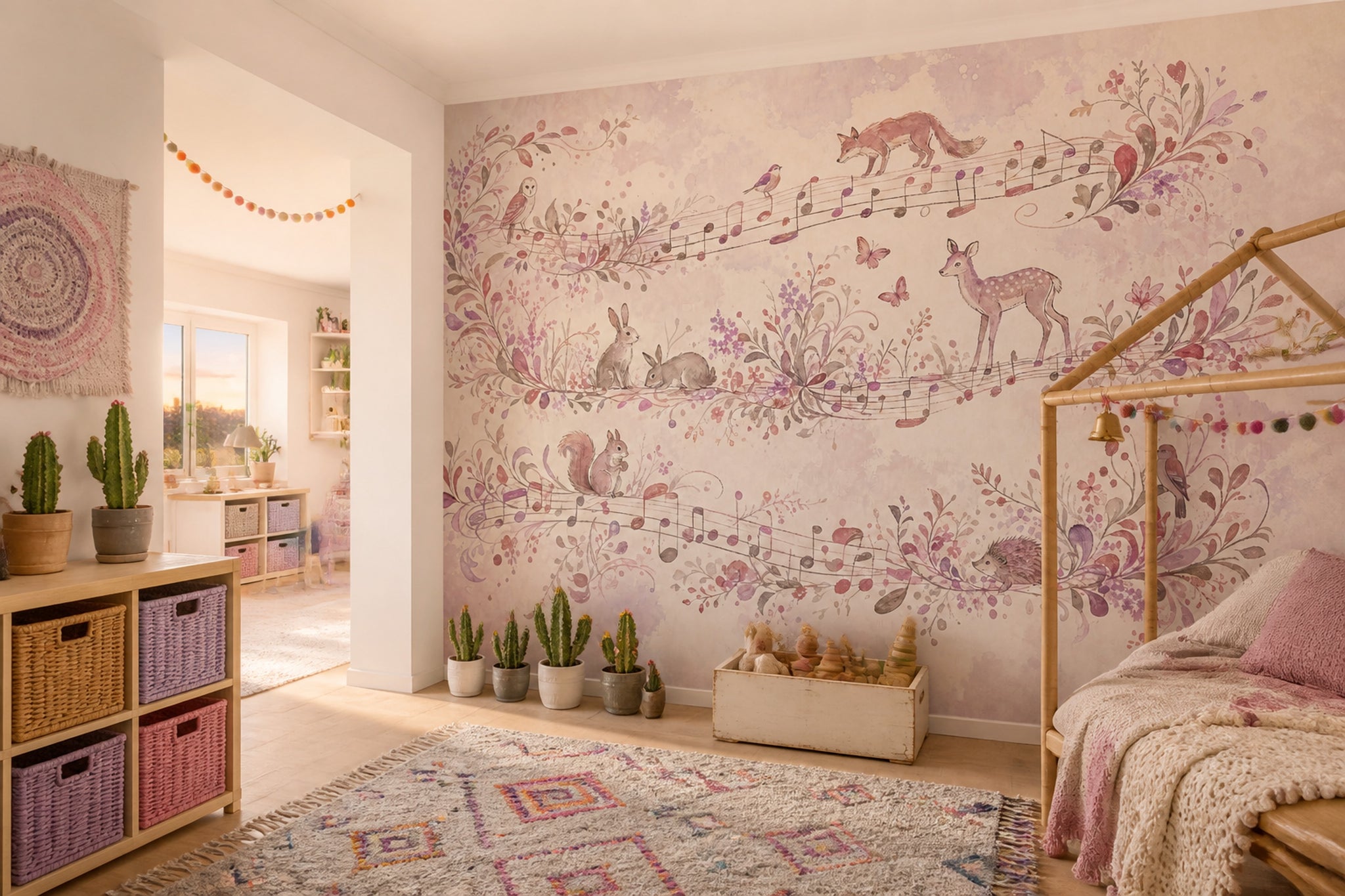 Orman Hayvanlı Poster Duvar Kağıdı Pembe Pastel Çocuk Odası