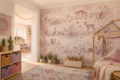Orman Hayvanlı Poster Duvar Kağıdı Pembe Pastel Çocuk Odası