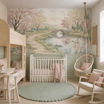 Pastel Bahar Manzaralı Poster Duvar Kağıdı Köprü ve Gölet