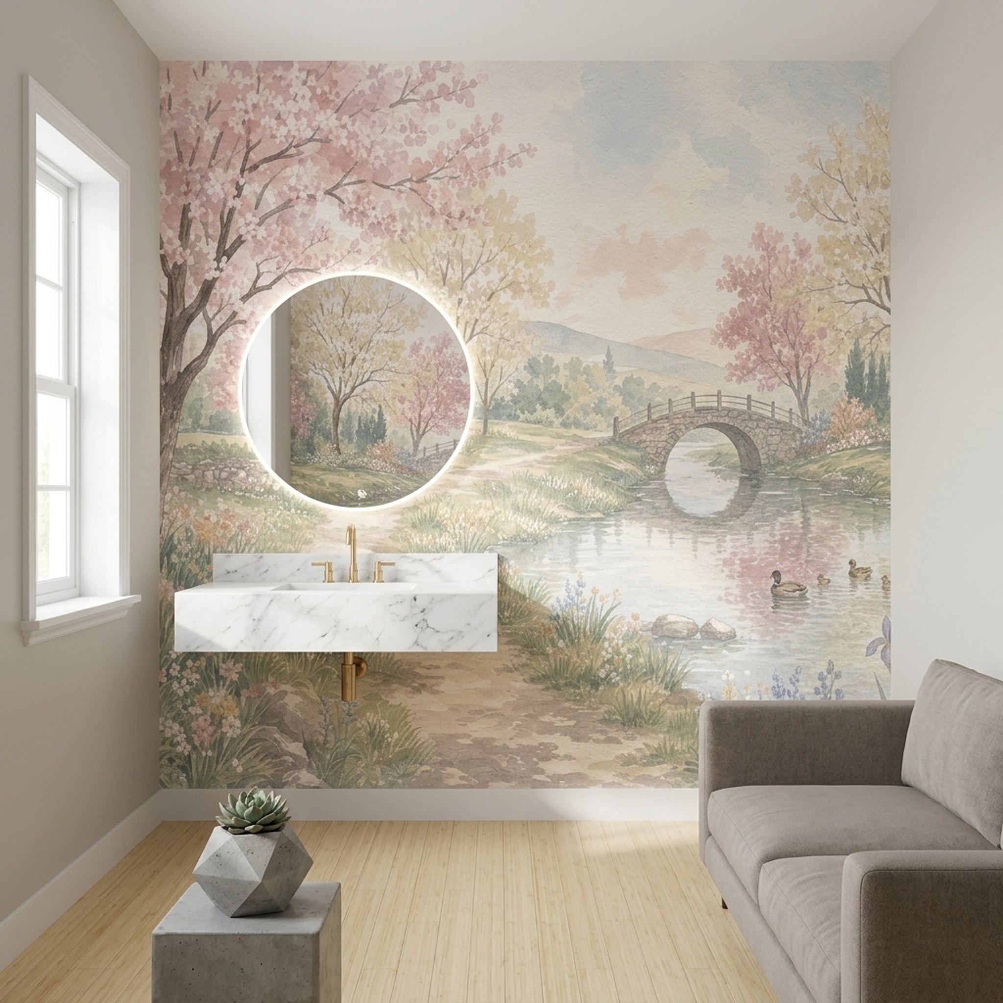 Pastel Bahar Manzaralı Poster Duvar Kağıdı Köprü ve Gölet