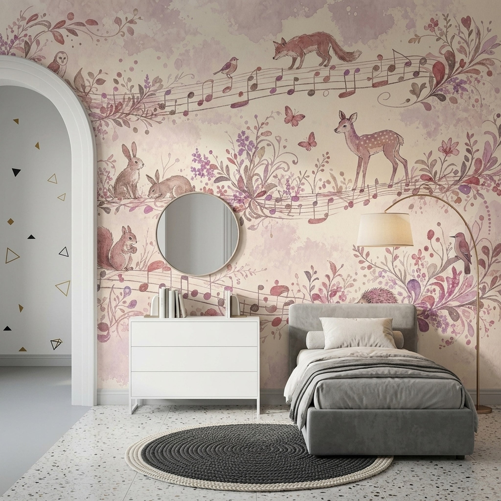 Orman Hayvanlı Poster Duvar Kağıdı Pembe Pastel Çocuk Odası