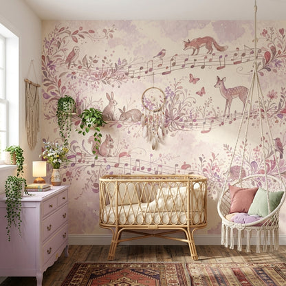 Orman Hayvanlı Poster Duvar Kağıdı Pembe Pastel Çocuk Odası