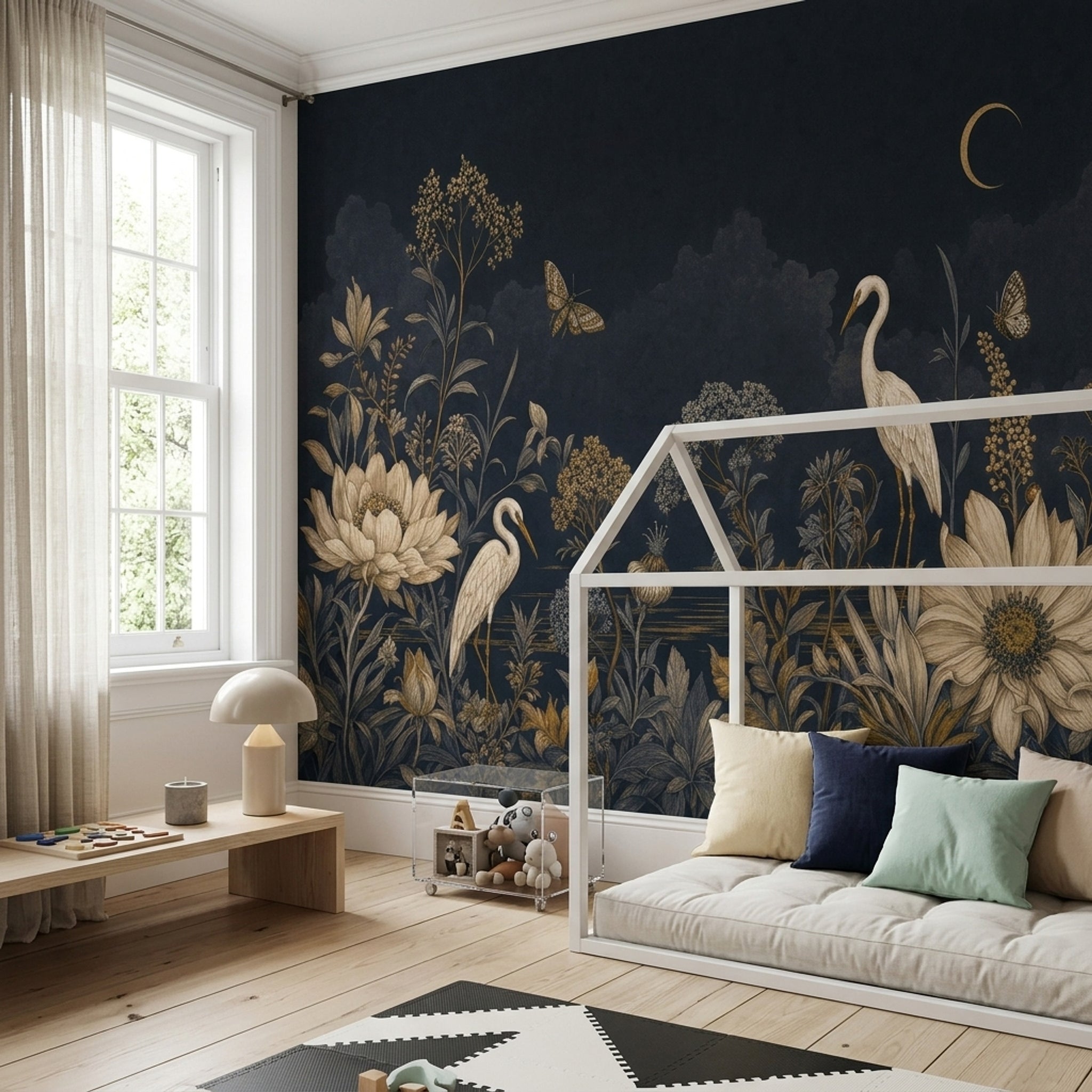 Gece Çiçek ve Kuğulu Poster Duvar Kağıdı Lacivert Salon
