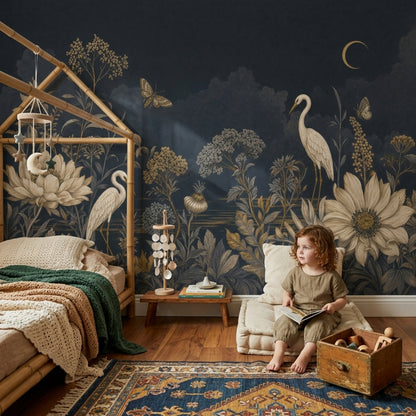 Gece Çiçek ve Kuğulu Poster Duvar Kağıdı Lacivert Salon