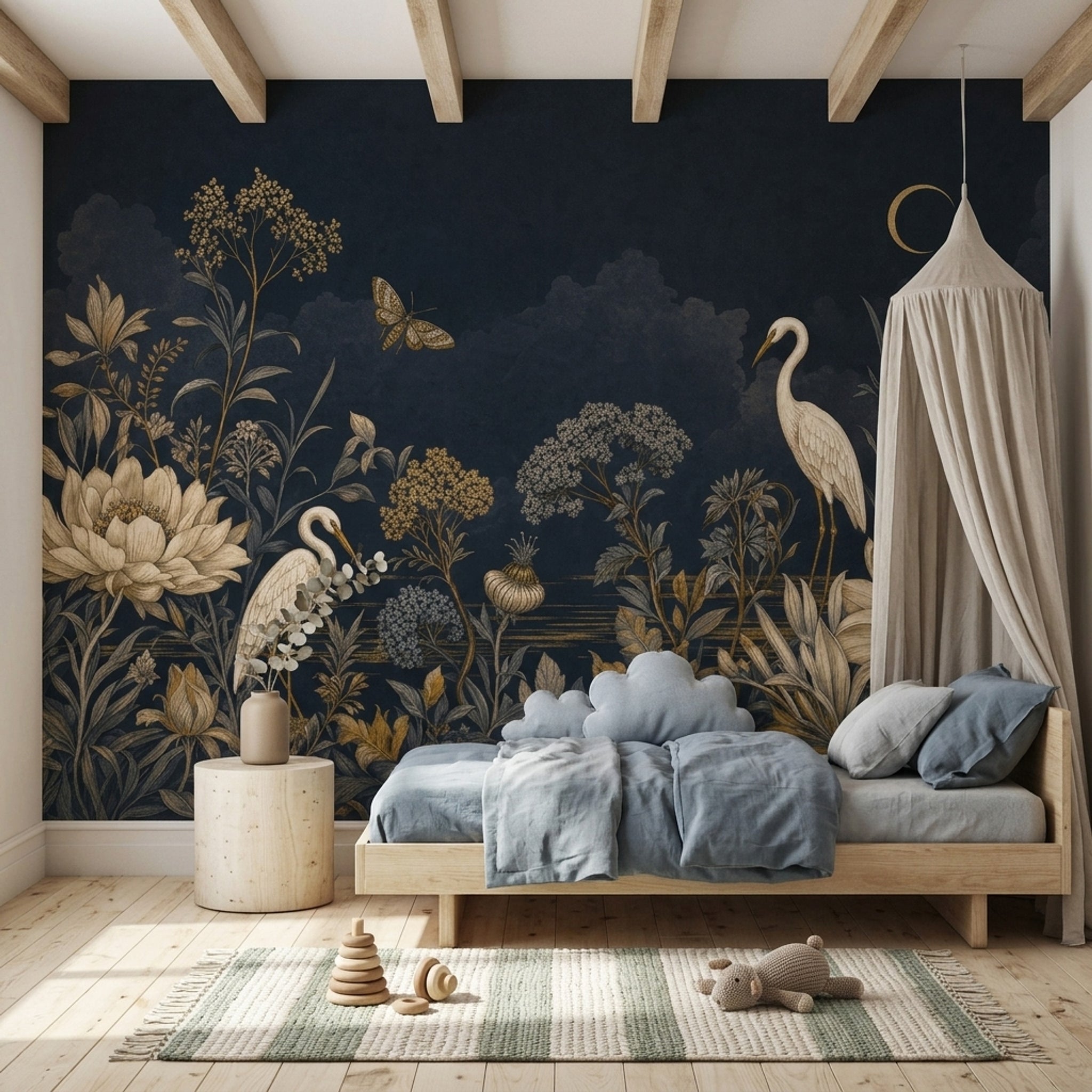 Gece Çiçek ve Kuğulu Poster Duvar Kağıdı Lacivert Salon